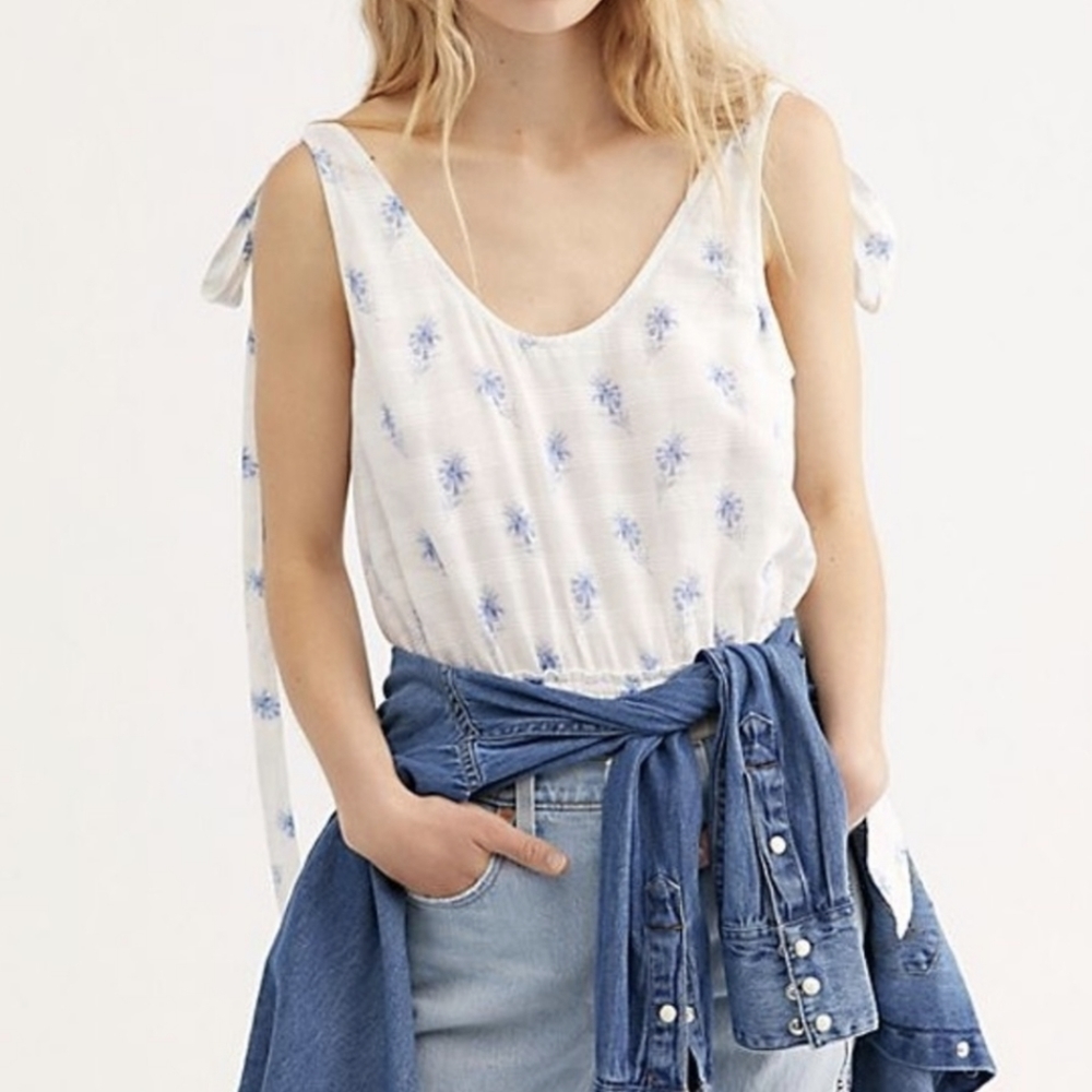 LoveShackFancy White and Blue Floral Bodysuit